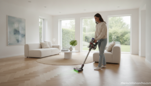 Aspiradora sin cable Dyson V15 Detect en uso en salón moderno