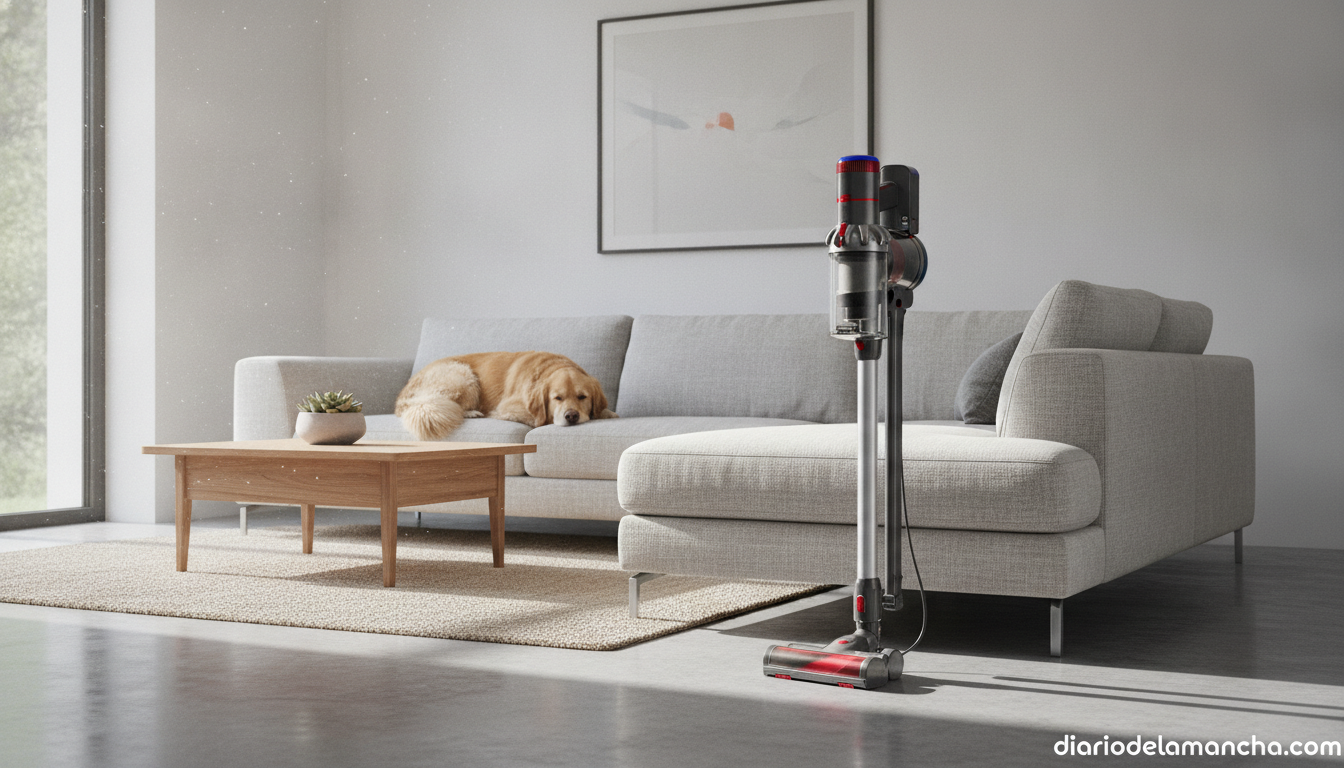 Aprovecha 100€ de descuento en la última aspiradora sin cable de Dyson 1 Aspiradora sin cable Dyson V8 Cyclone limpiando salón moderno
