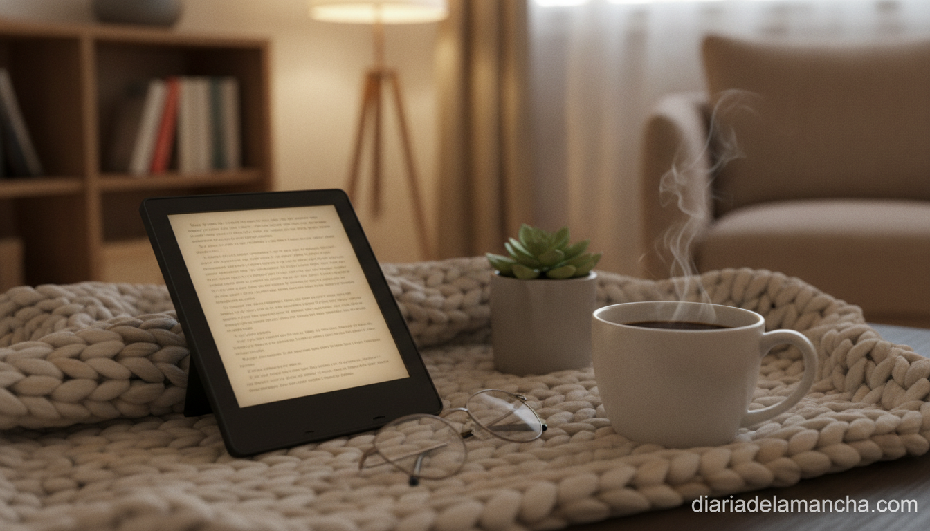 Libro electrónico ebook en ambiente de lectura cálido