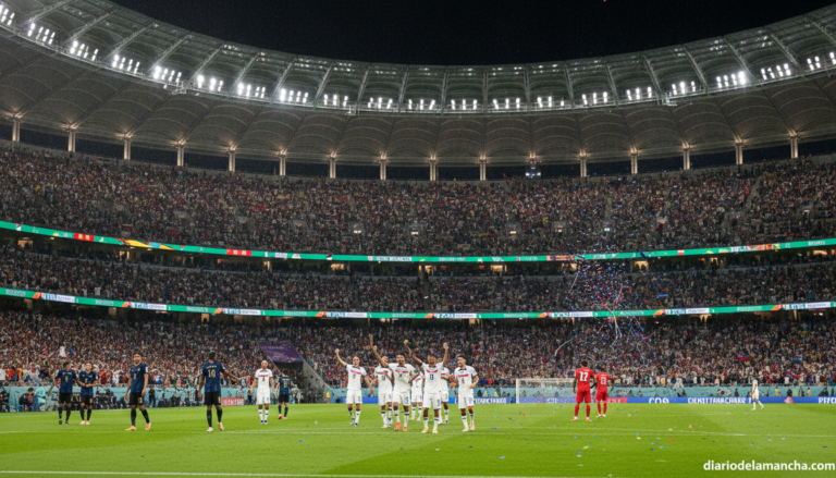 Football World Cup match being played in a large modern stadium filled with fans, two teams competing on the pitch, USA na...