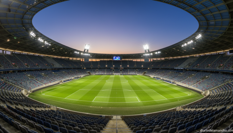 Estadio de fútbol moderno durante campaña electoral de un gran club