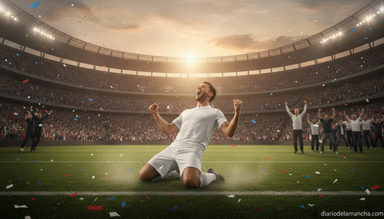 Sports photograph of a soccer player in a white England national team jersey celebrating a goal at a large modern American...