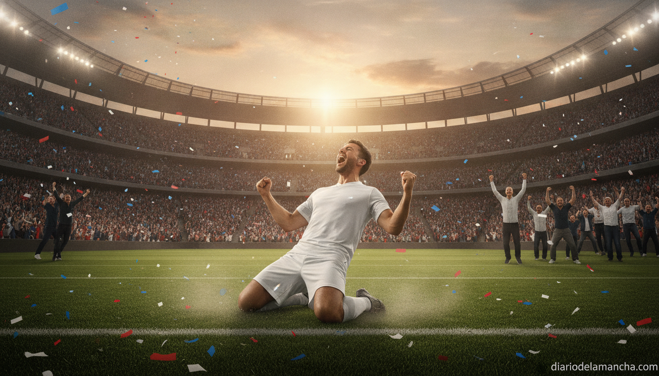 Sports photograph of a soccer player in a white England national team jersey celebrating a goal at a large modern American...