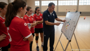 A handball coach giving tactical instructions to a group of young female handball players in a sports gymnasium in Spain, ...