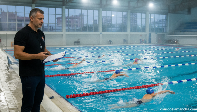Swimming coach observing young competitive swimmers training in an indoor pool, timing them with a stopwatch, pool lanes m...
