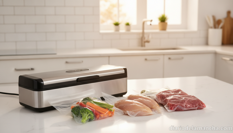 Envasadora al vacío doméstica en cocina con bolsas selladas de alimentos