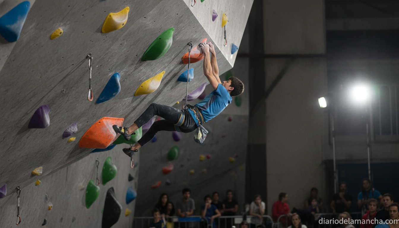 Young sport climber ascending an indoor climbing wall with colorful holds, realistic sports photography, no identifiable f...
