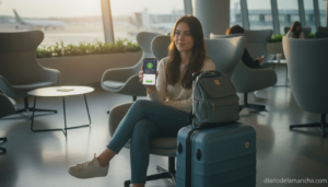 Viajero activando eSIM en el aeropuerto con su smartphone