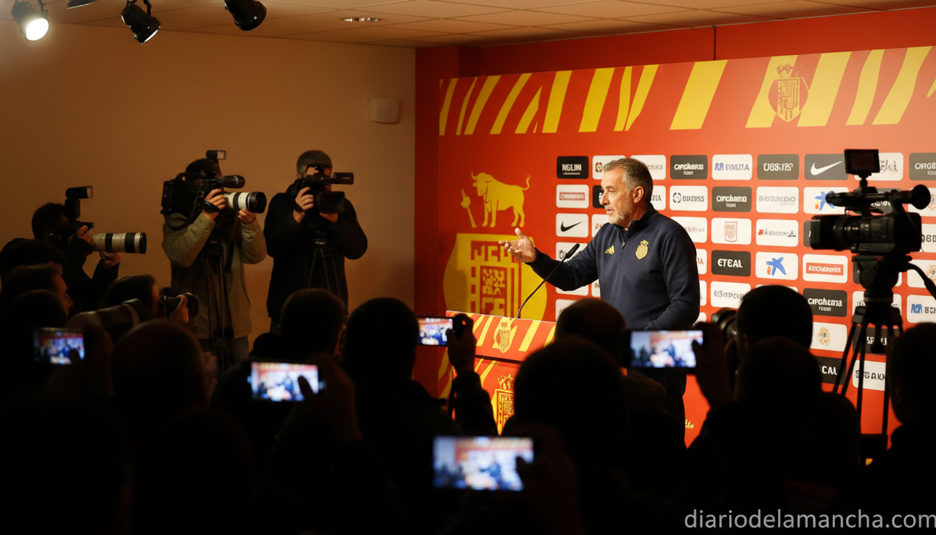Realistic press conference scene, football coach speaking at a podium with red and yellow colors suggesting Spanish footba...