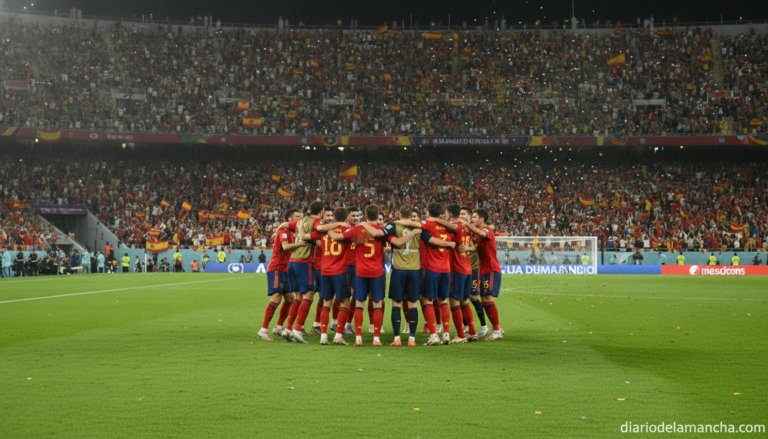 Spanish national football team players celebrating a goal during an international match, team huddle on the pitch, colorfu...