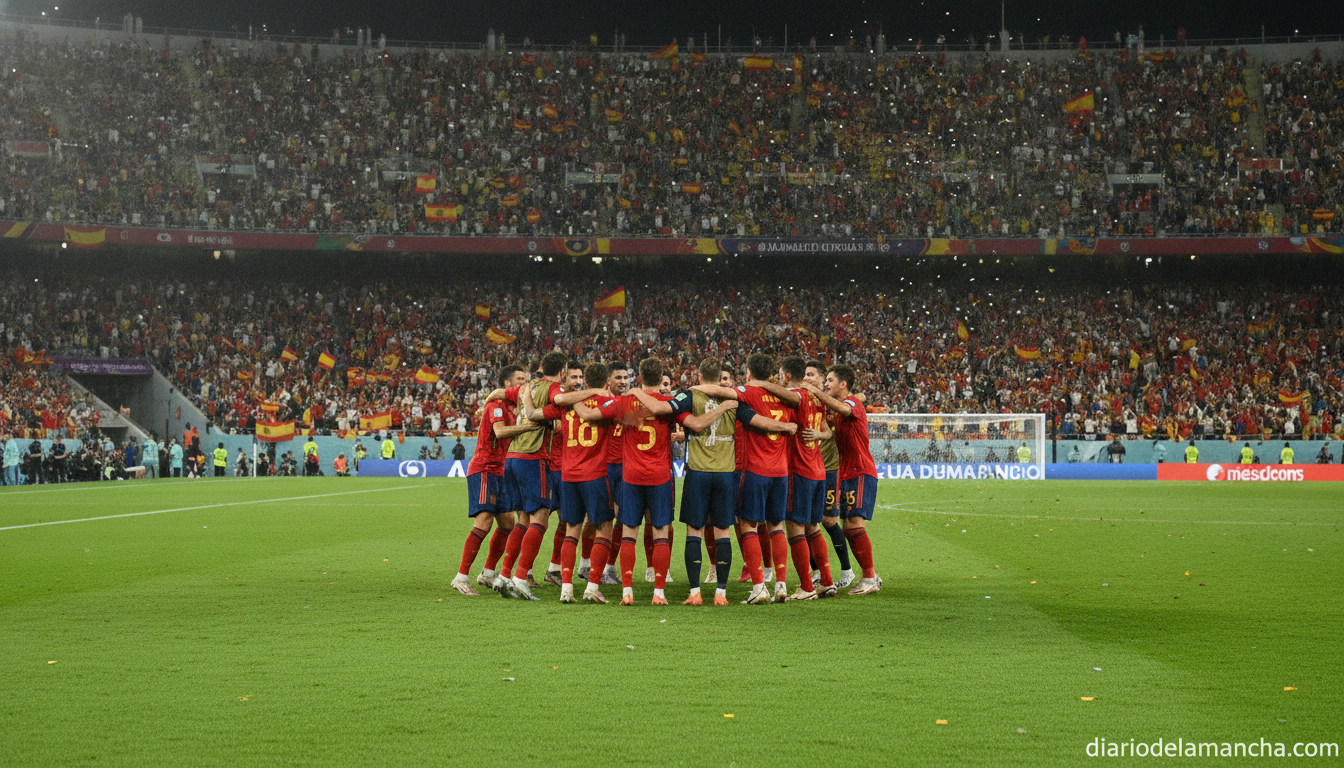 Spanish national football team players celebrating a goal during an international match, team huddle on the pitch, colorfu...