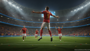 Spanish football player celebrating a goal in a packed stadium during the 2026 World Cup, teammates running to celebrate, ...