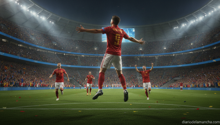 Spanish football player celebrating a goal in a packed stadium during the 2026 World Cup, teammates running to celebrate, ...