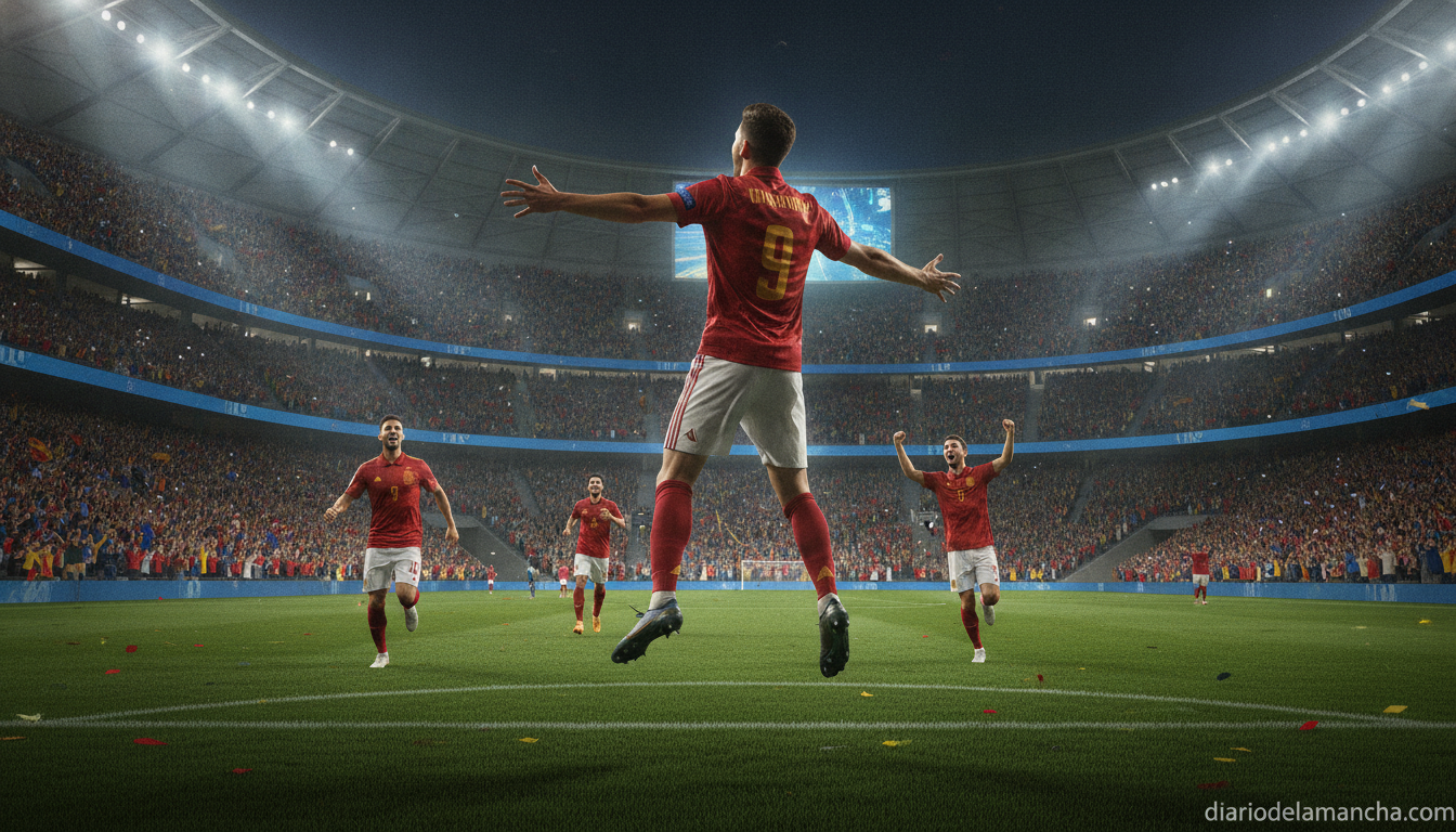 Spanish football player celebrating a goal in a packed stadium during the 2026 World Cup, teammates running to celebrate, ...