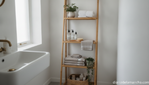 Estantería plegable de bambú con tres niveles en baño pequeño nórdico