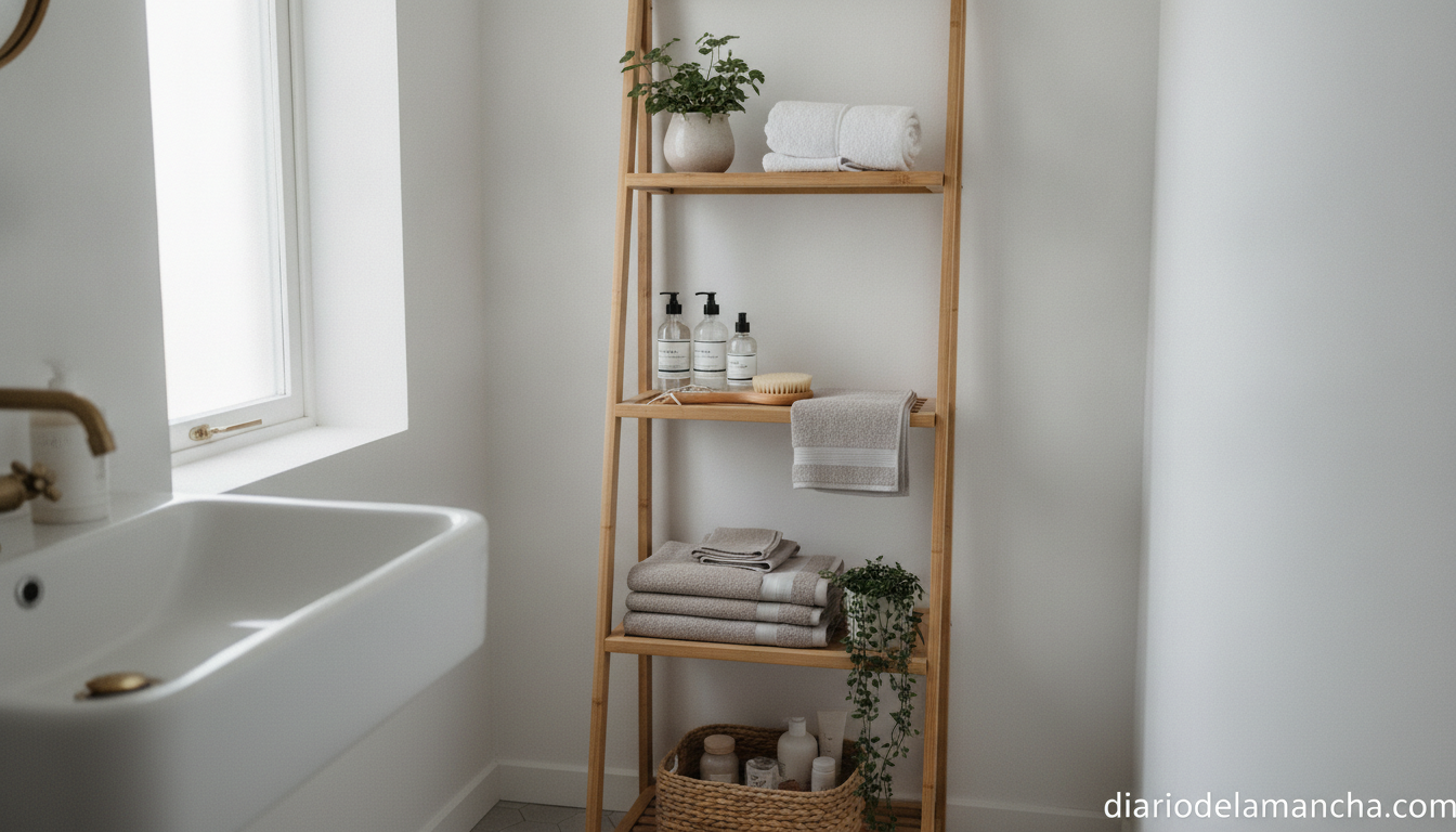 Amazon revoluciona los baños pequeños con su estantería plegable de tres niveles 1 Estantería plegable de bambú con tres niveles en baño pequeño nórdico
