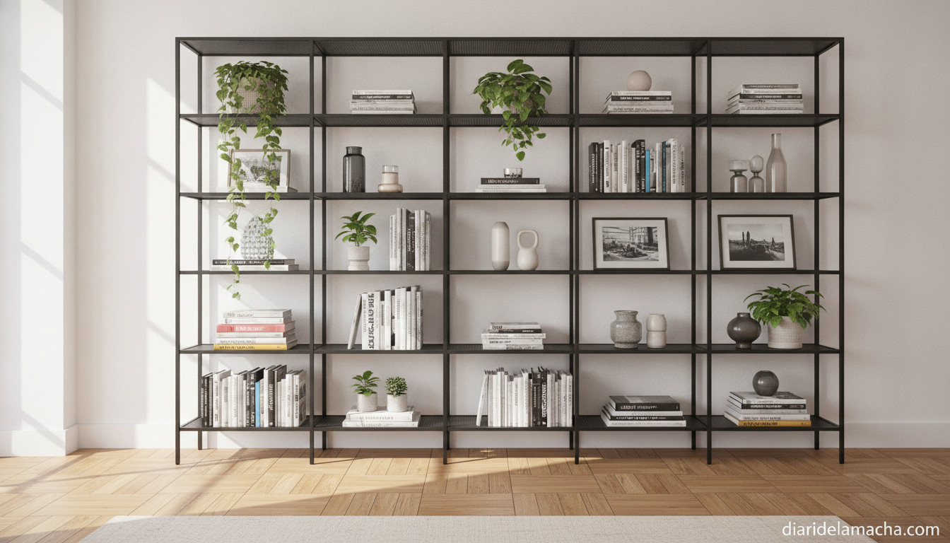 Estantería metálica multiusos instalada en salón moderno