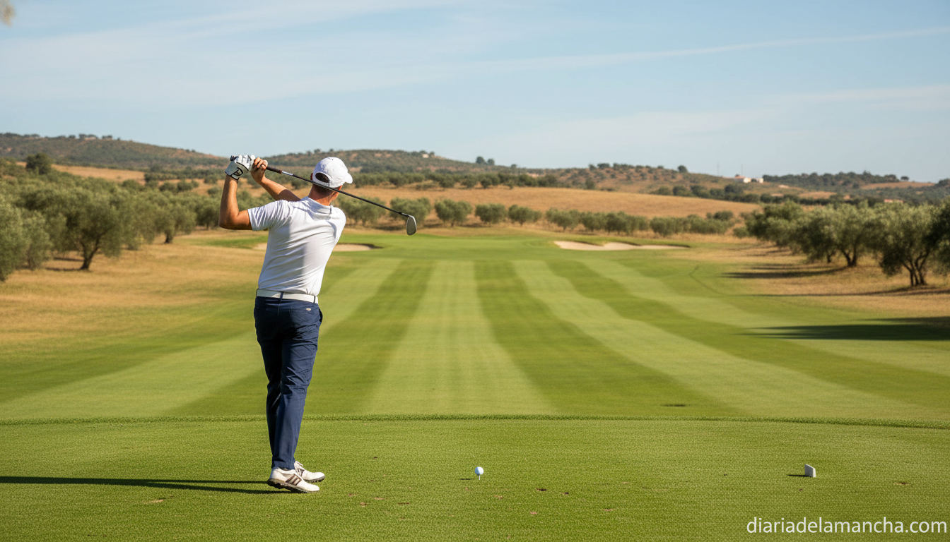 Golfista en swing durante el Europeo Mid-Amateur de golf en Portugal