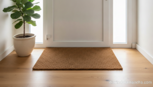 Felpudo de coco natural en la entrada de una casa moderna con suelo de madera y planta