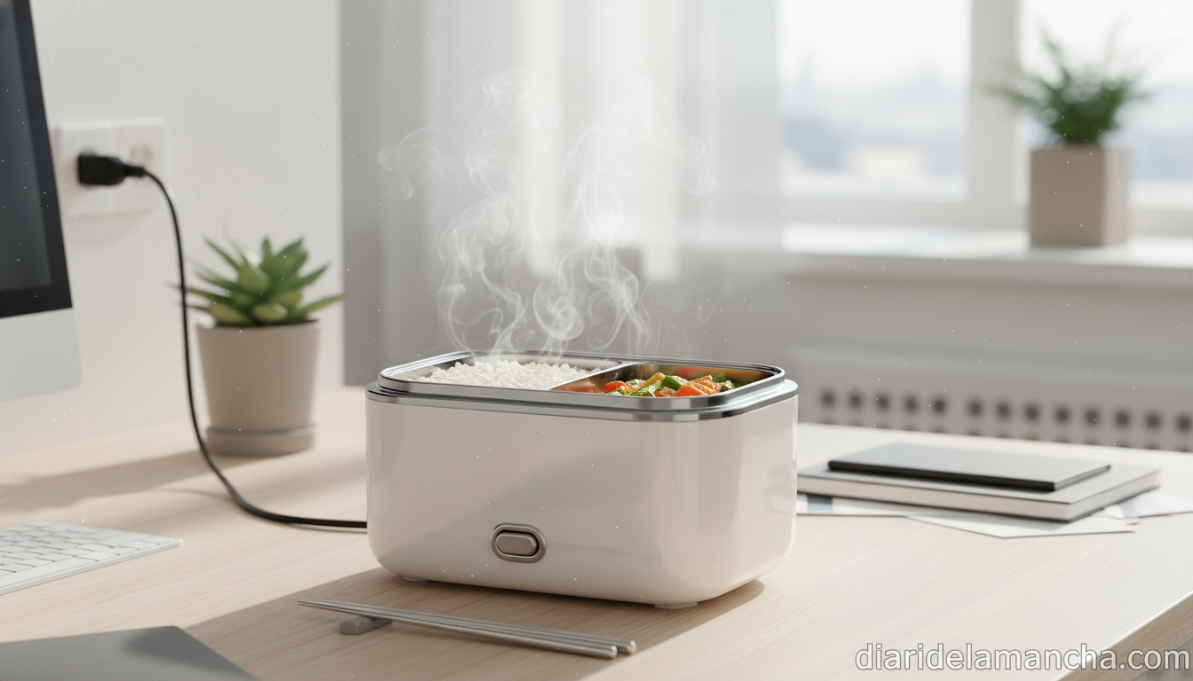Descubre la innovadora fiambrera eléctrica que triunfa en Amazon: eficiente, amplia y sencilla de mantener 1 Fiambrera eléctrica calentando comida en la oficina, solución práctica para llevar tupper al trabajo