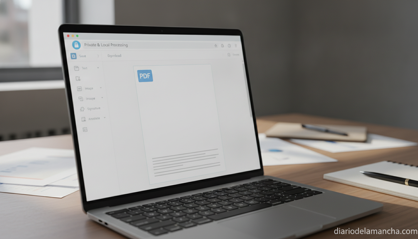 Close-up of a laptop screen showing a clean PDF document editor interface in a browser, with a padlock icon symbolizing pr...