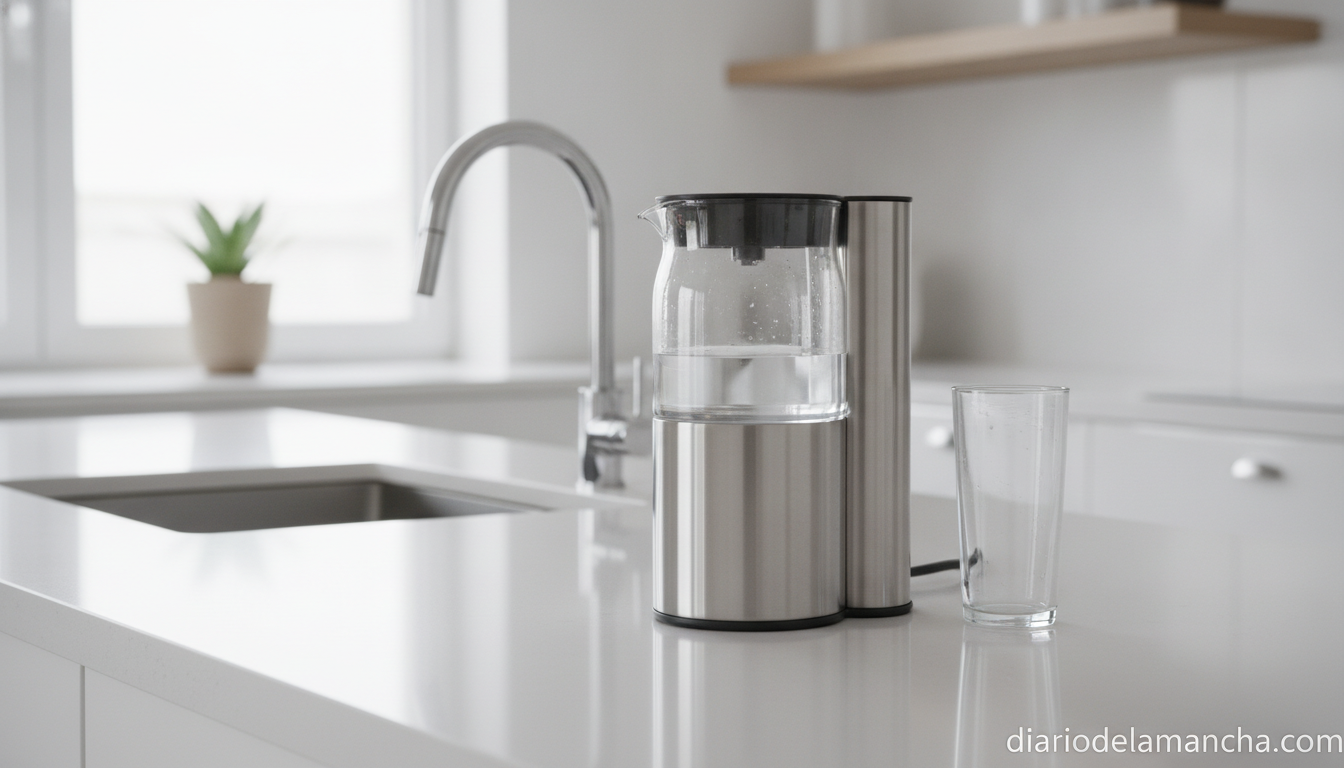 Adiós al agua embotellada: 3 sistemas filtrantes de Amazon para tu grifo 1 Sistema de filtrado de agua en cocina moderna con vaso de agua limpia