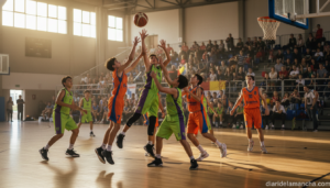 Young basketball players competing on an indoor court in Spain, intense match moment, players in colorful jerseys jumping ...