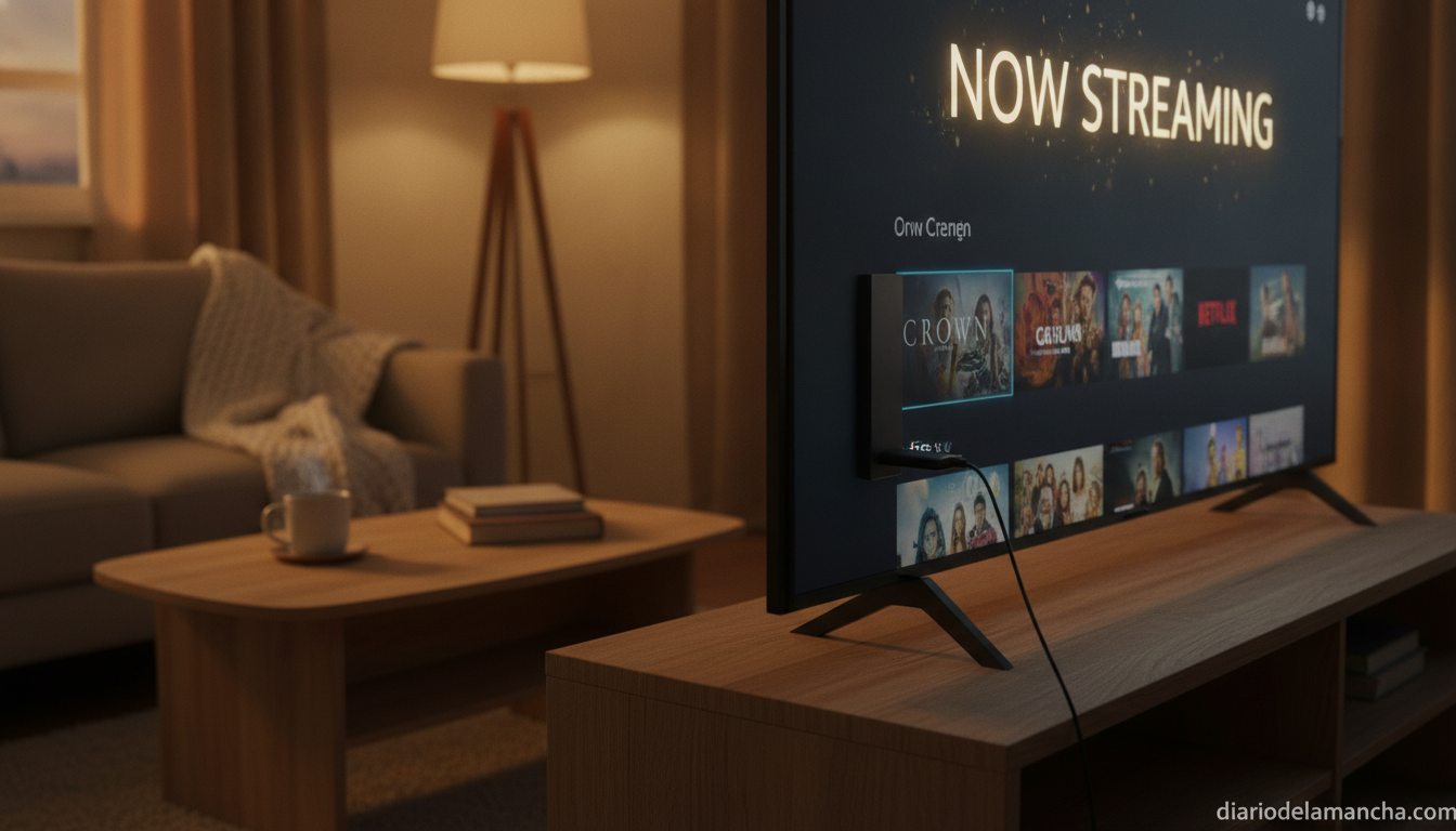 Analizamos los dispositivos de streaming más destacados para televisión 1 Fire TV Stick conectado a televisión en salón con interfaz de streaming