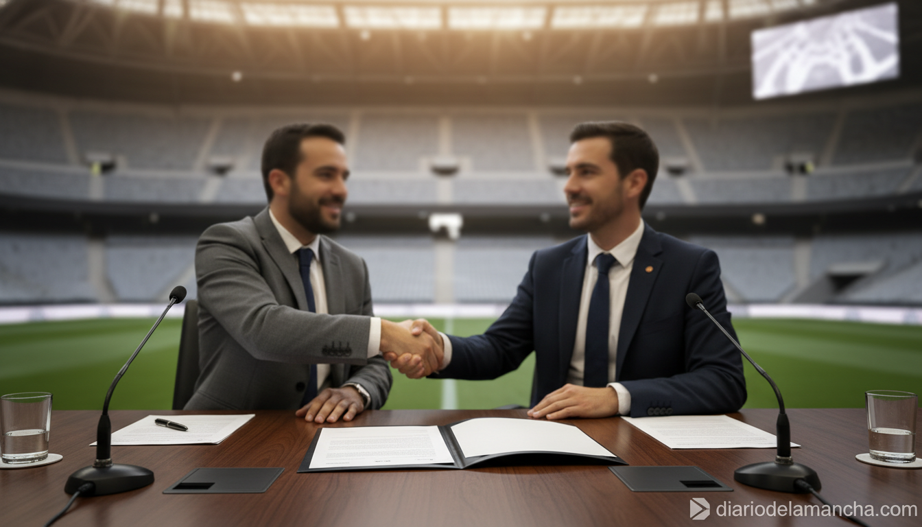 Football signing ceremony, handshake over a contract at a press conference table, modern stadium background, no identifiab...