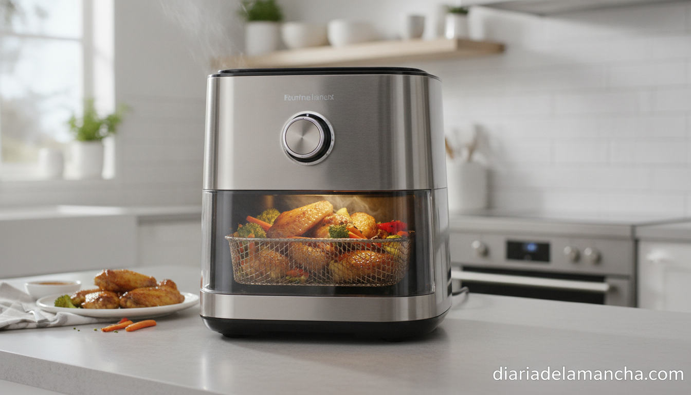 Ahorra en luz, tiempo y dinero con esta freidora de aire que optimiza tus recursos al máximo 1 Freidora de aire Cosori en cocina moderna con alimentos dorados