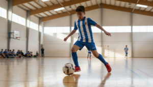 Young boy playing indoor futsal, dribbling a ball in a sports hall, action shot from low angle, dynamic motion, natural in...