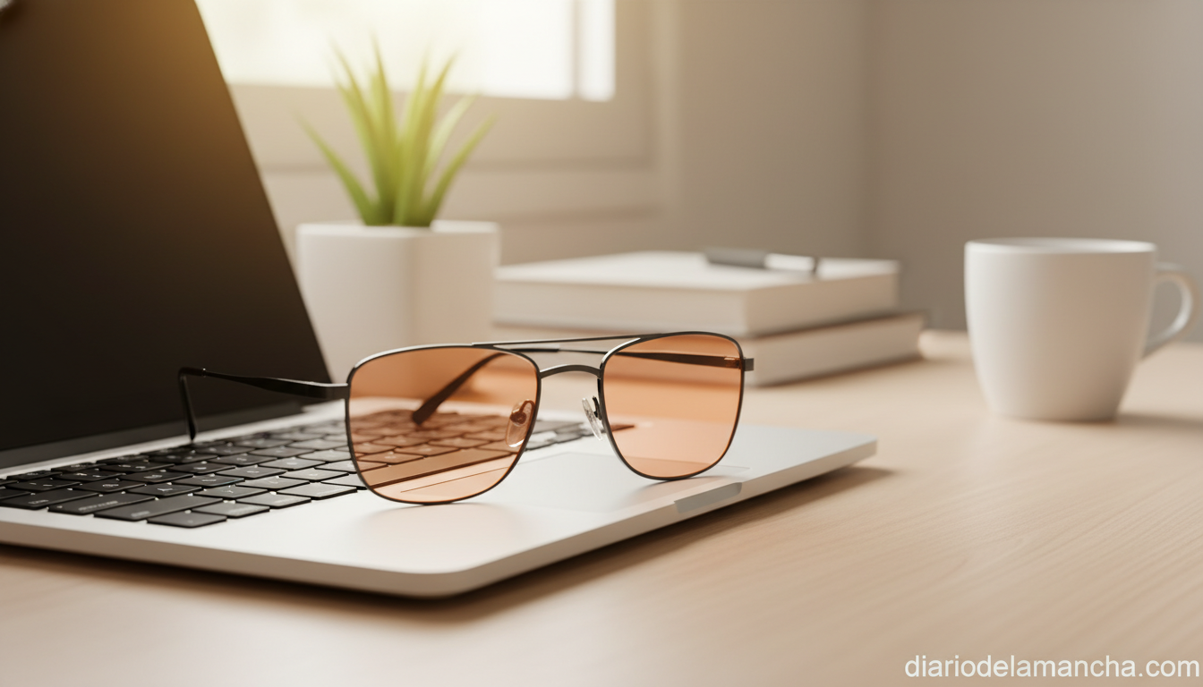 Gafas de bloqueo de luz azul sobre ordenador portátil en oficina en casa
