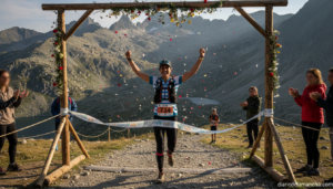 A female trail runner crossing the finish line of a mountain ultra race in the Pyrenees, celebrating victory, wearing a ru...