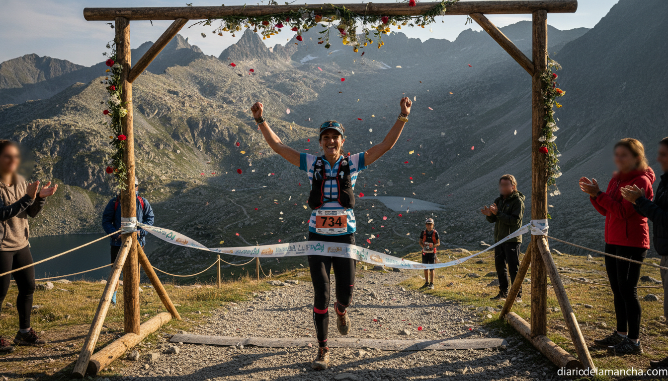 A female trail runner crossing the finish line of a mountain ultra race in the Pyrenees, celebrating victory, wearing a ru...