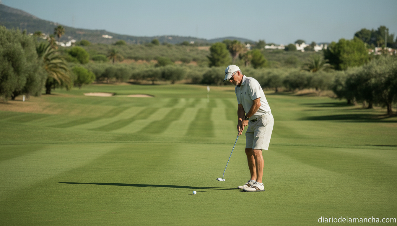 Golf player preparing to putt on a well-maintained green course in Spain, sunny summer day, trees and hills in background,...