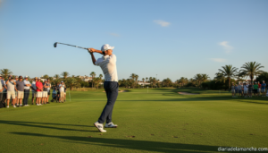 Golfer mid-swing on a well-maintained green golf course in Spain, sunny afternoon, lush fairway, clear blue sky, spectator...