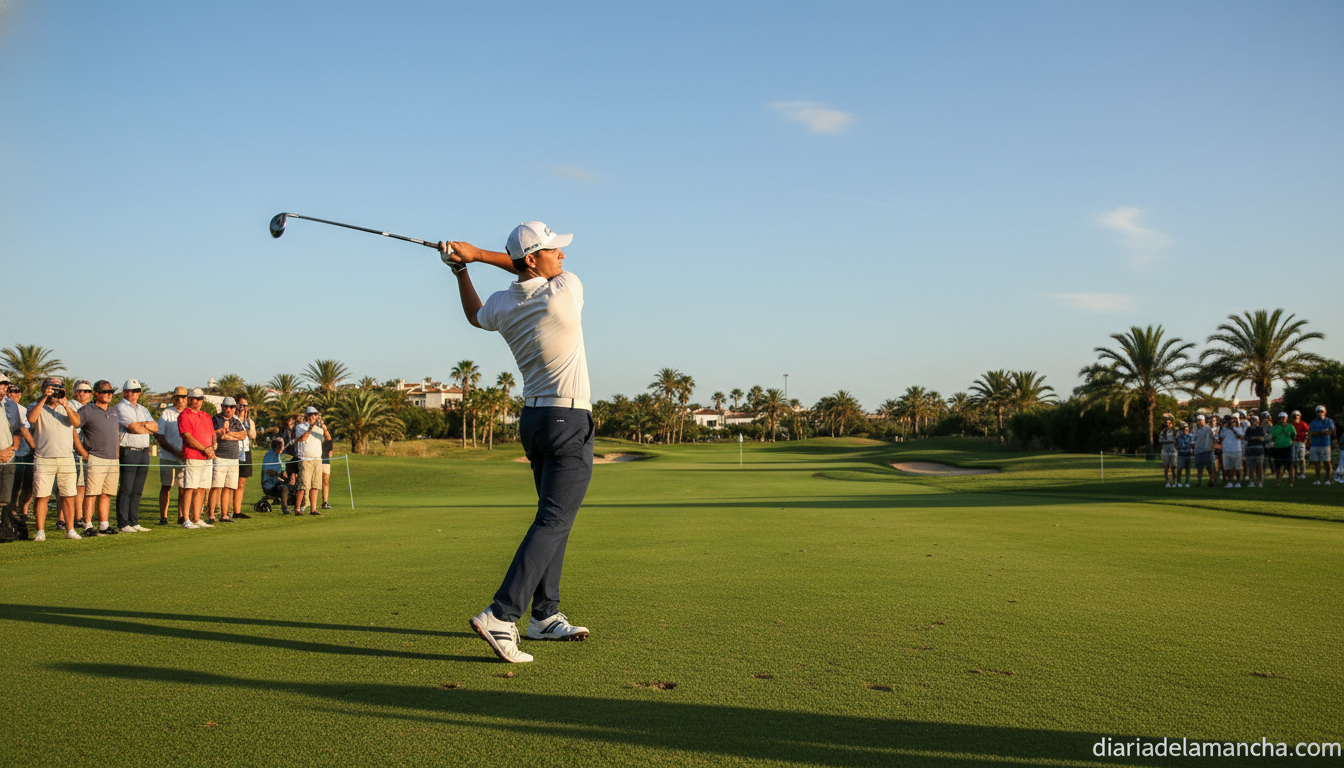 Golfer mid-swing on a well-maintained green golf course in Spain, sunny afternoon, lush fairway, clear blue sky, spectator...