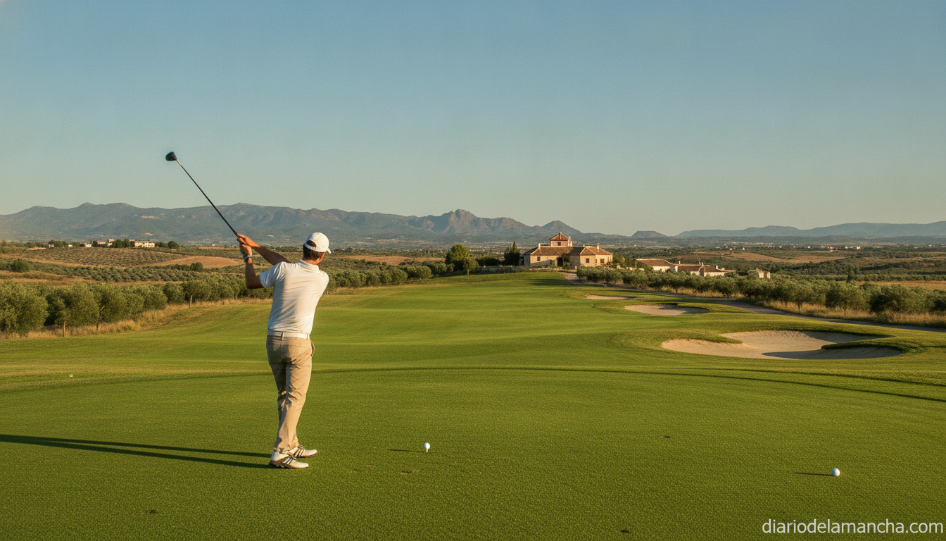 Golf player hitting a shot on a sunny green fairway in central Spain, sports photography style, no identifiable faces, cle...