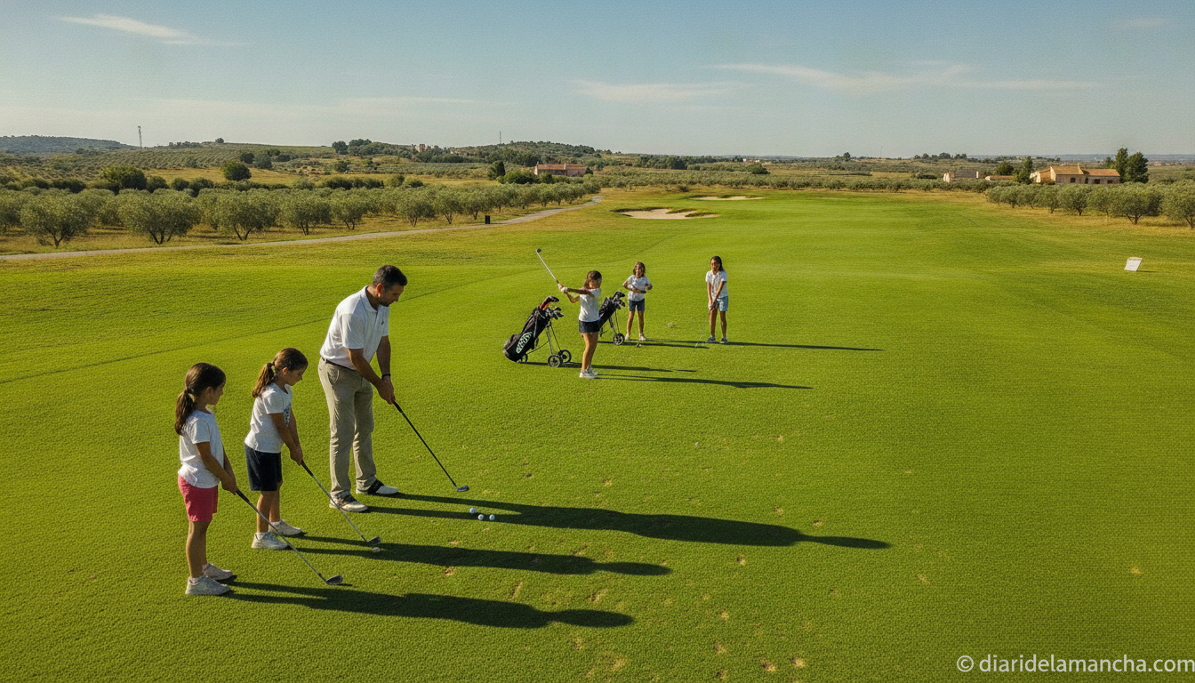 Young children and teenagers playing golf on a beautiful Spanish golf course, sunny day, green fairways, some kids learnin...