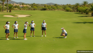 Six women golfers on a well-maintained golf course in Spain, wearing sports attire, preparing to take a shot, natural outd...
