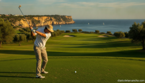 Golfer teeing off on a sunny Spanish golf course near the coast, realistic photojournalistic style, no identifiable faces,...