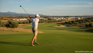 Young golfer playing on a sunny golf course in Castilla-La Mancha, Spain, green fairway, no identifiable faces, realistic ...