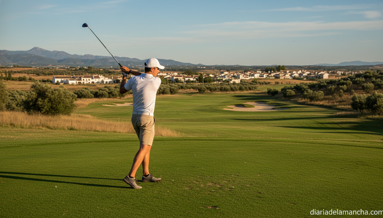 Young golfer playing on a sunny golf course in Castilla-La Mancha, Spain, green fairway, no identifiable faces, realistic ...