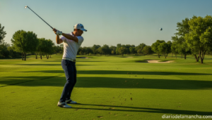 A golfer mid-swing on a well-maintained green golf course on a sunny summer morning, shot from the side showing full body ...