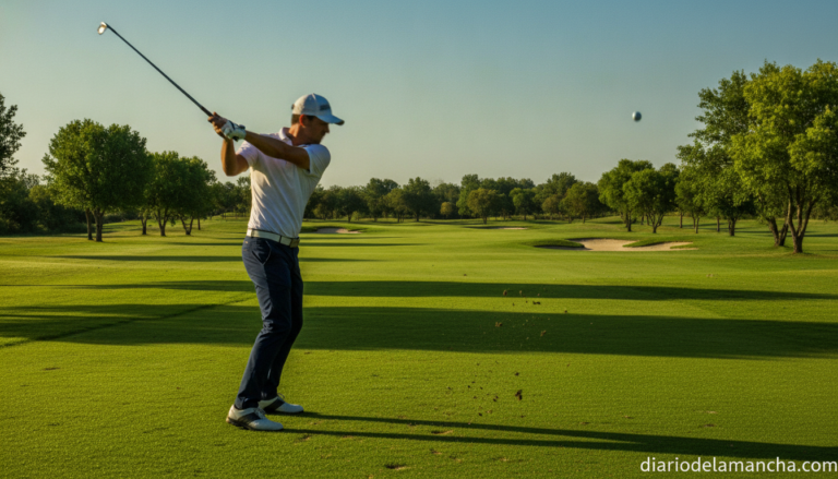 A golfer mid-swing on a well-maintained green golf course on a sunny summer morning, shot from the side showing full body ...