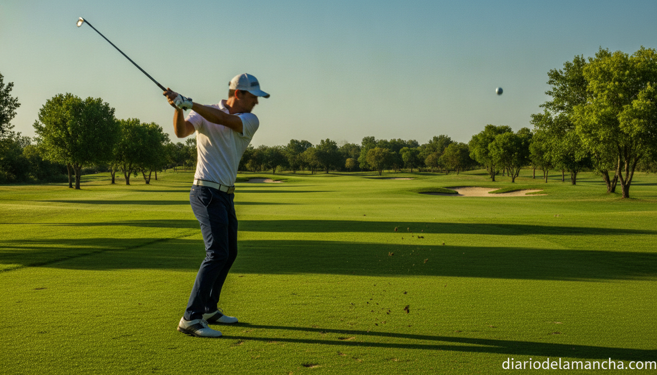 A golfer mid-swing on a well-maintained green golf course on a sunny summer morning, shot from the side showing full body ...