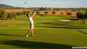 Joven golfista practicando en un campo de golf de Castilla-La Mancha