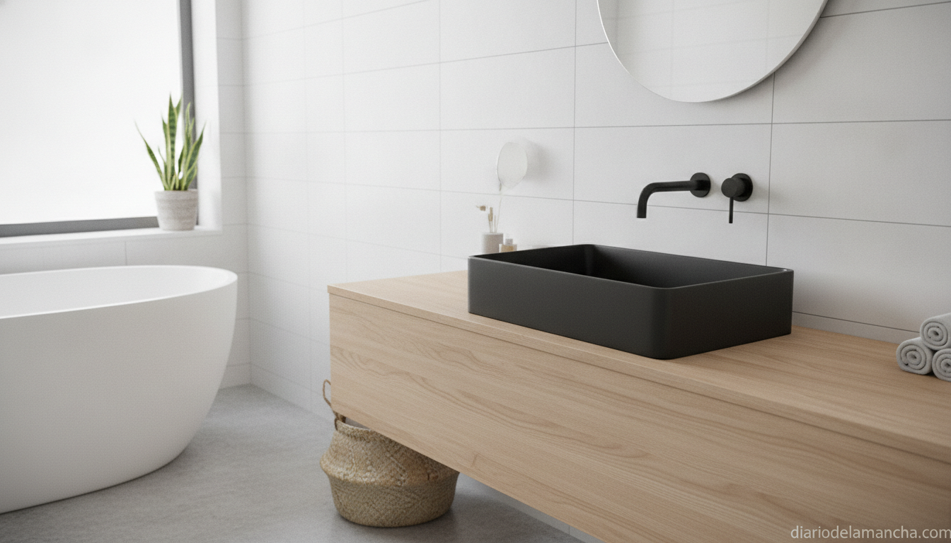Grifo de baño negro mate en baño moderno renovado