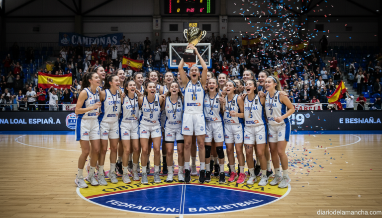 Female young basketball players celebrating a championship victory on an indoor court in Spain, team huddle with trophy, p...
