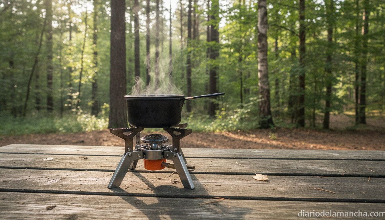 Los mejores hornillos de gas portátiles para camping: una comparativa detallada 1 Hornillo de gas portátil en mesa de camping en bosque